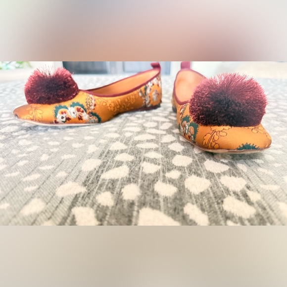 Tory Burch Satin Floral Flats with Burgundy and Gold with Pom - Picture 5 of 9